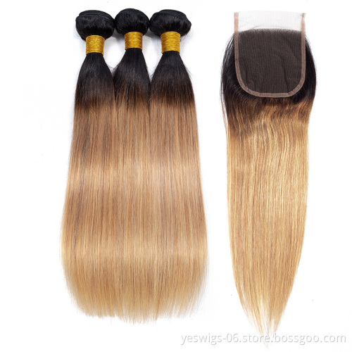 Peruvian Hair 1b/4/27 Ombre Bundles Straight Hair Bundles with Closure Remy Human Hair Weave Bundles With Closure Natural Color